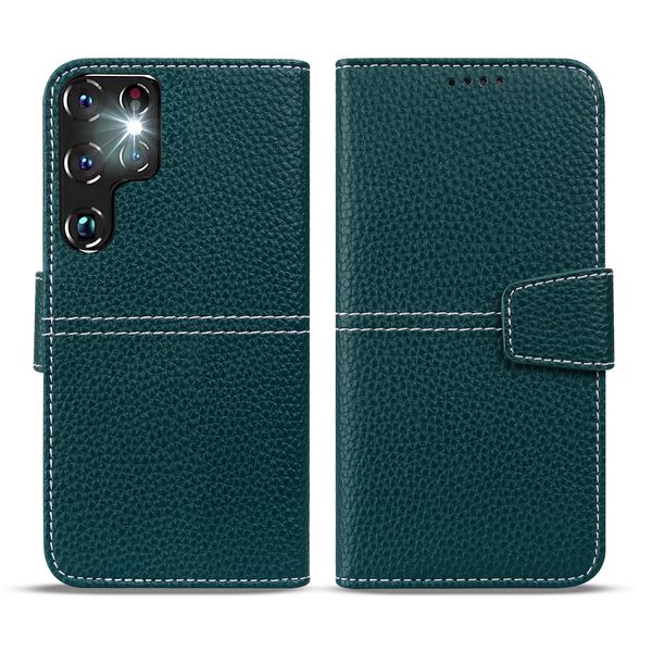Brieftaschen-Handyhüllen für Samsung Galaxy S22 S21 Plus Ultra A53 A52 A33 A32 A22 A13 A12 5G – einfarbiges Lychee-Muster PU-Leder Flip Kickstand Cover Case mit Kartenfächern