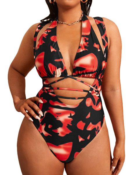 

plus allover print cross back one piece swimsuit with bikini c5bi#, White;black