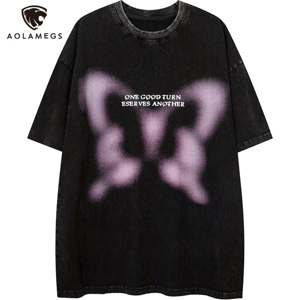 Aolamegs Butterfly Inkjet Letter Stampa T-shirt lavata Uomo Manica corta Top Retro High Street Baggy Oversize Tees Camicie Coppia 220509