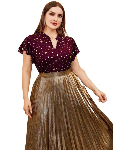 

plus gold star & moon print butterfly sleeve blouse b5aj#, Black