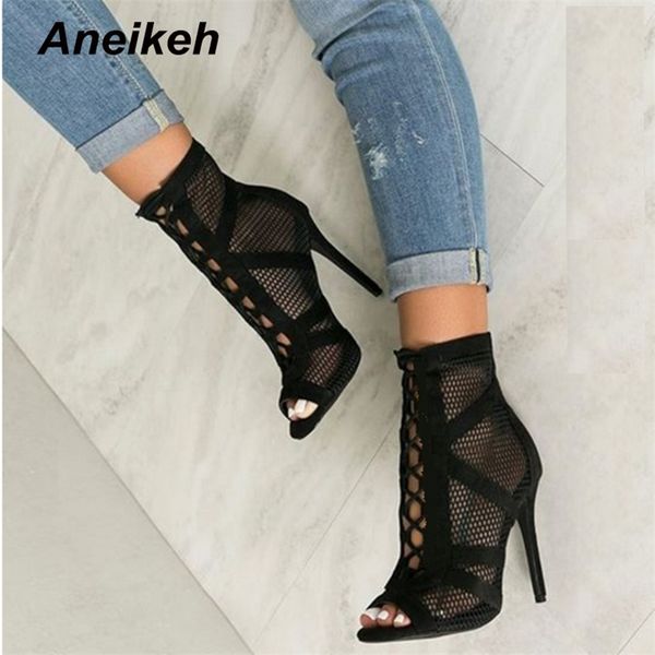 

aneikeh fashion basic sandals boots women high heels pumps hollow out mesh lace-up cross-tied boots party shoes 35-42 220805, Black