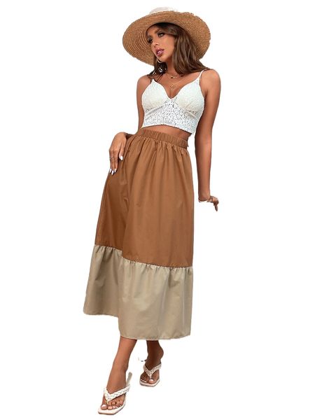 

high waisted colorblock flared skirt 28ec#, Black