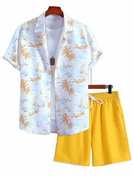

men random tropical print shirt & drawstring waist shorts without tee m3qf#, Gray