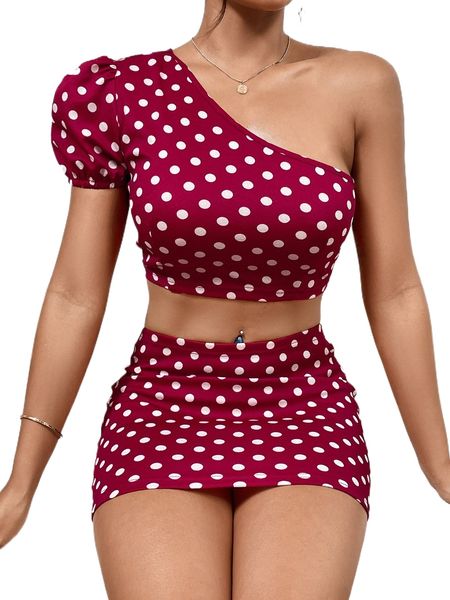 

polka dot one shoulder puff sleeve crop with mini skirt x7re#, White