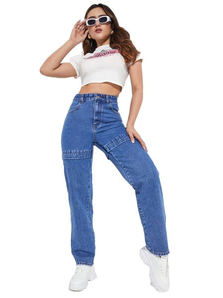 

solid straight leg jeans h41g#, Blue