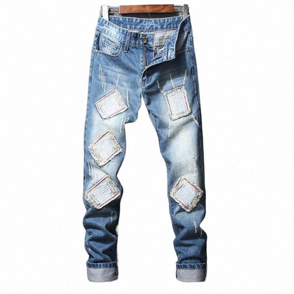 

arrivals men's loose straight jeans mens retro denim pants biker i9nv#, Blue
