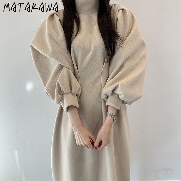 

slim waist loose puff sleeve vestidos korea chic minimalist high neck pleated dresses for women sweatshirt long dress 210506, Black;gray