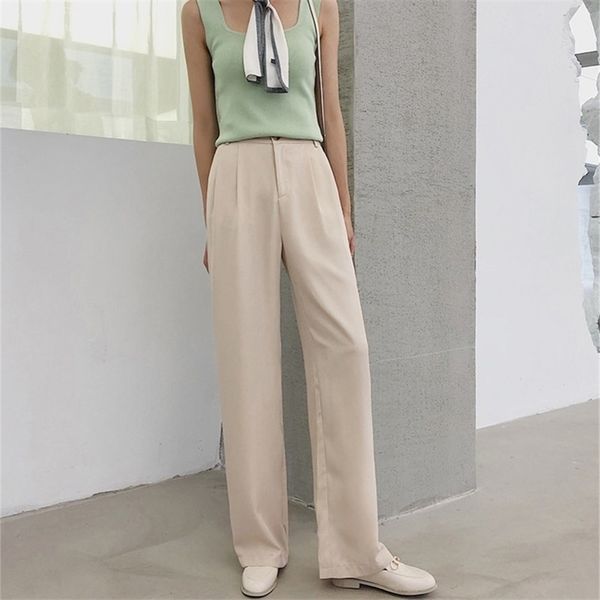 

hzirip loose trousers thin straight solid brief wide leg fashion summer high waist fresh casual women pants y200418, Black;white