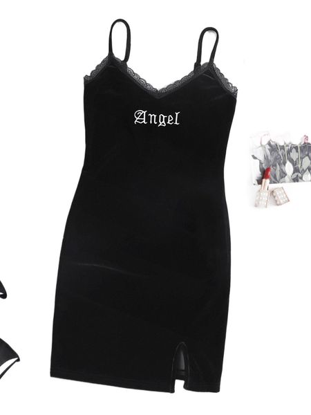 

lace trim letter embroidery split hem velvet slip dress l6qs#, Black;gray