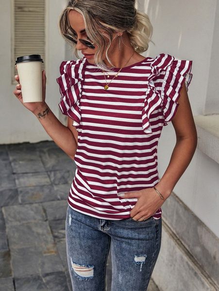

striped butterfly sleeve tee l9or#, White