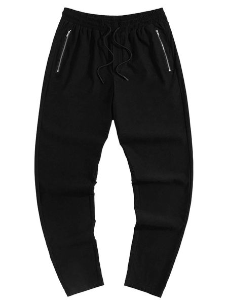 

men drawstring waist zip side pants d77f#, Black