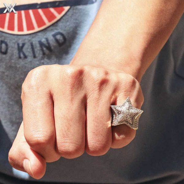 

european and american new five pointed star ring hiphop men's and women's super flash tail ring hip hop micro set zircon ring star, Silver