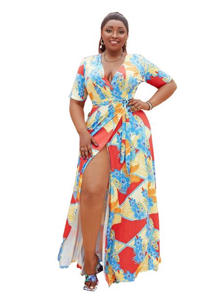 

plus floral print wrap hem dress n2ka#, Black