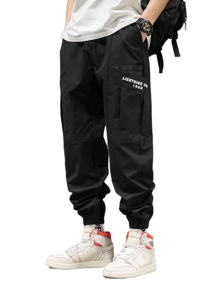 

men letter graphic slant pocket pants a4ts#, Black