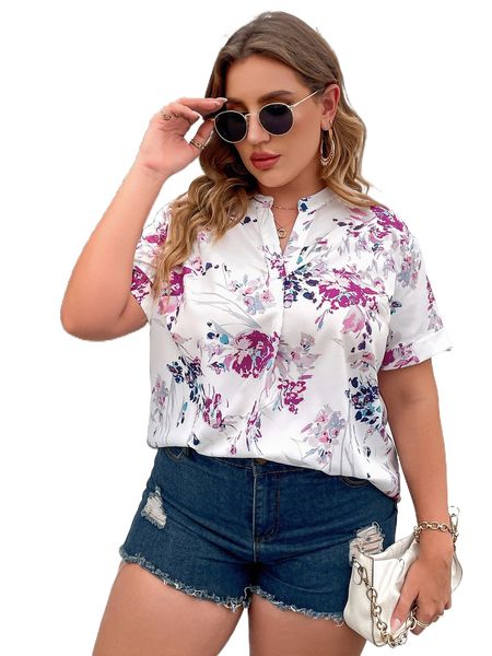 

plus floral popover blouse m3vg#, Black