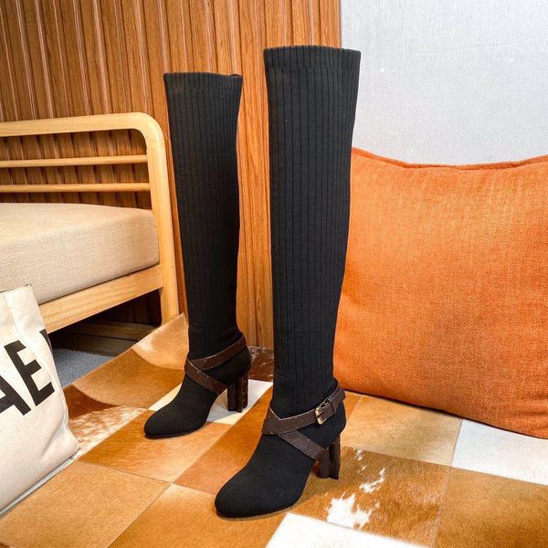 

2023 socks boots autumn winter women shoes ribbon knitted elastic letter fashion thick heels woman high-heeled large size 35-42, Black