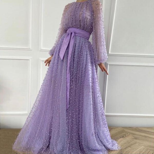 Vestidos de festa lilac baile vestido jóia decote ilusão de mangas longas pufos