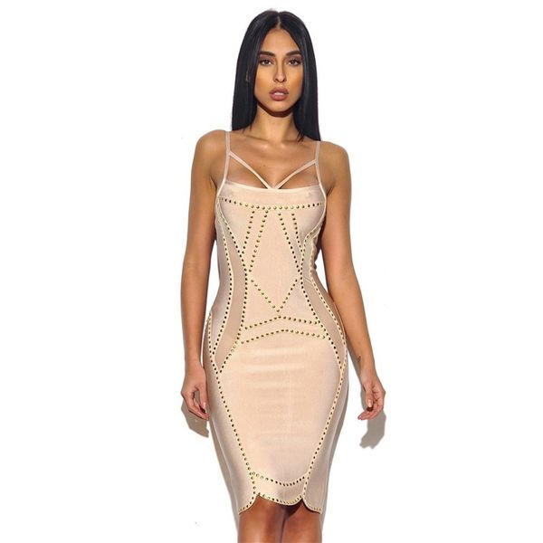 

rivet mesh patchwork rayon bandage dress spring asymmetrical geometric bodycon dress nude 210414, Black;gray
