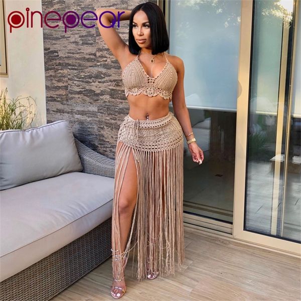 Pinepear sexy crochet borla dois peça saia set praia vestido de festa verão piscina 2 peças conjugando conjuntos atacado 220421