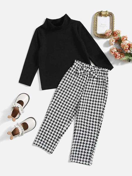 

toddler girls solid high neck & houndstooth print bow front pants she, White