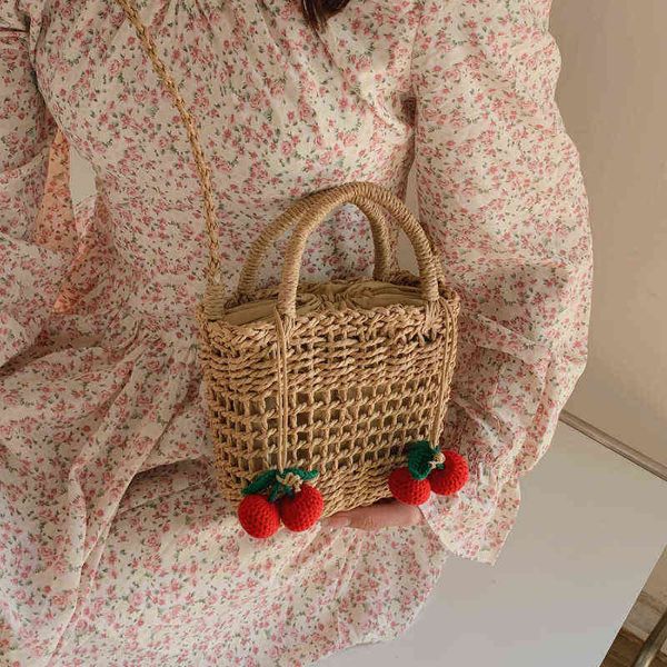 

straw paper weave shoulder bag women woven designer crossbody bag summer hollow out messenger bag female cherry pendant handbags g220506 g22