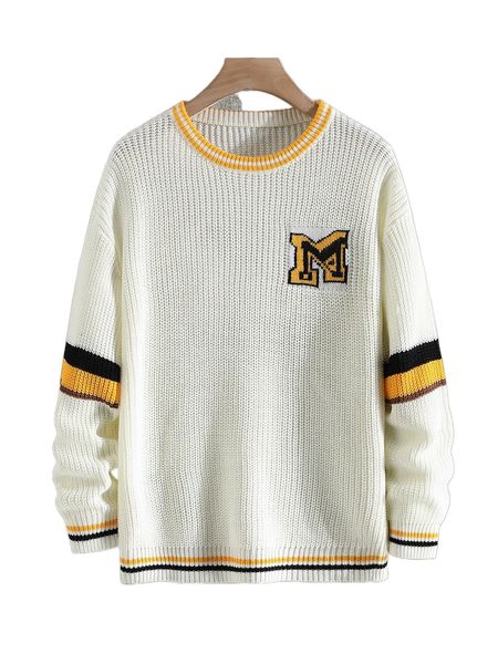 

men letter pattern striped trim drop shoulder sweater m7ii#, White;black
