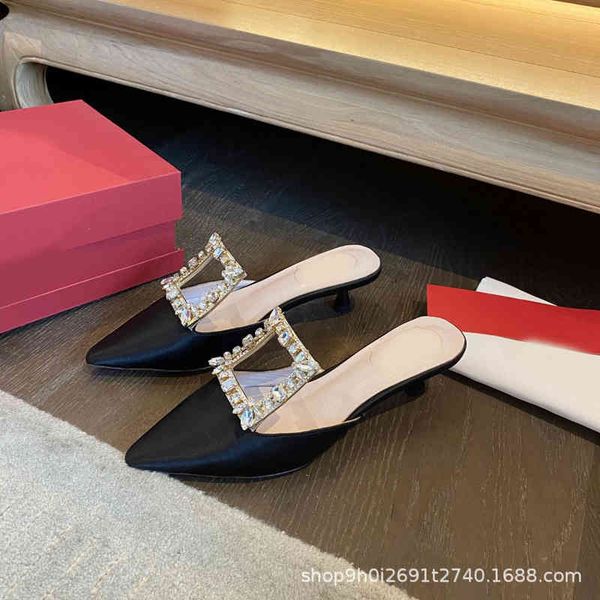 

sandals spring and summer fashion pointed baotou cool slippers women's middle heel square buckle thin muller semi ro8x, Black