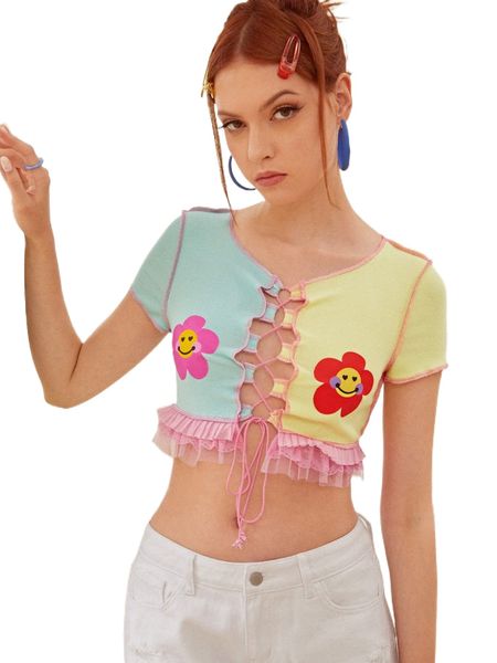 

cartoon graphic colorblock stitching lace up front ruffle hem j2wl#, White