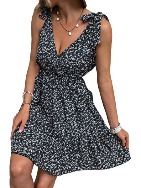 

ditsy floral knot shoulder ruffle hem dress q9g2#, Black;gray