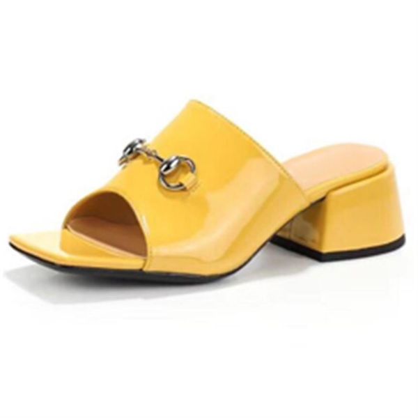 

beach slippers summer designer women shoes coarser heel flops 100% patent leather lady half slipper metal luxury high heeled sanda183a, Black