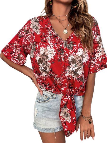 

floral knot hem dolman sleeve blouse 14bh#, White