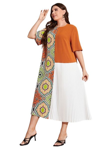 

plus geo print pleated panel tunic dress 80nc#, Black