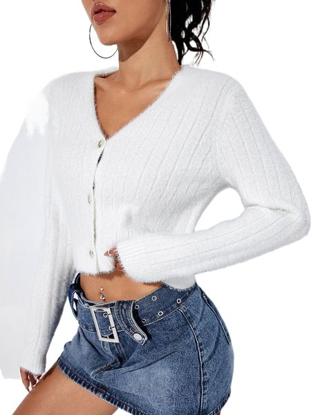 

solid fluffy knit cardigan c6hp#, White;black