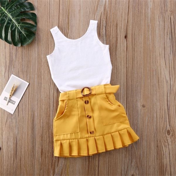 

2pcs toddler kids baby girl clothes sets sleeveless solid vest romper yellow pleated skirt summer outfit set 220620, White