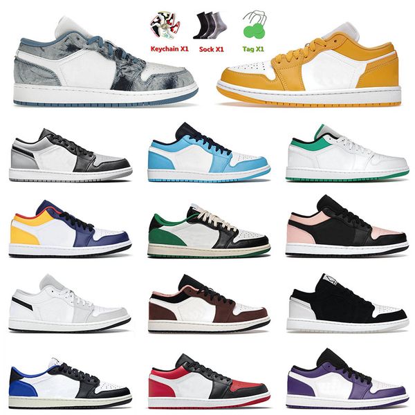 

fashion og jumpman 1 1s low mens basketball shoes washed denim dark mocha neutral grey fog royal yellow pollen sports trainers sneakers jord