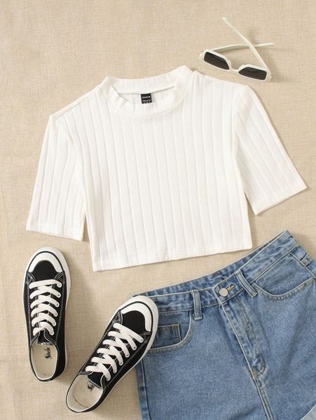 

solid rib knit crop tee k4hs#, White