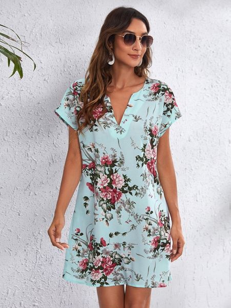 

notch neck botanical print dress d9fv#, Black;gray