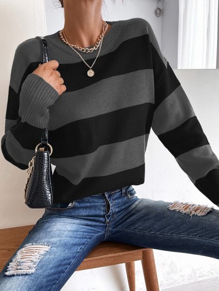 

colorblock drop shoulder sweater 59ts#, White;black