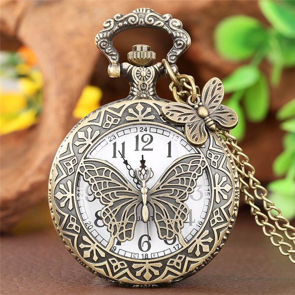 Relógio de bolso de estilo antigo com design de flor de borboleta gravada para homens e mulheres, quartzo analógico, display, colar, corrente, relógio retrô.
