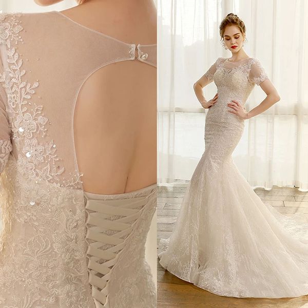 

full lace wedding dress mermaid short sleeve appliques beaded bridal gown for bride, White