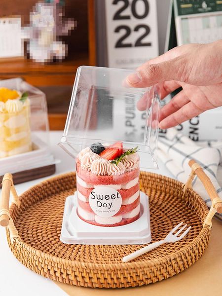 Geschenk Wrap 50 stücke Kreative Kleine Kuchen Verpackung Box Diy Backen Gebäck Dekoration Tiramisu Mousse Dessert Kunststoff Mit GabelGeschenk