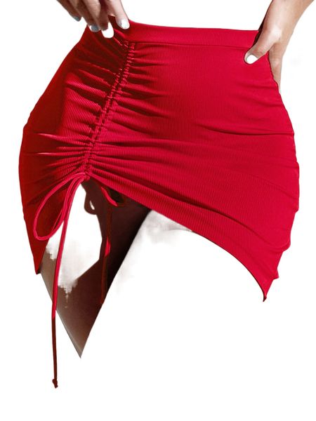 

solid rib-knit drawstring cover up skirt g1mt#, White;black