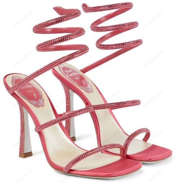 

rene caovilla 10cm stiletto high heel sandals crystal karung wine red snakelike twining rhinestone sandals women summer thick heels shoes la, Black