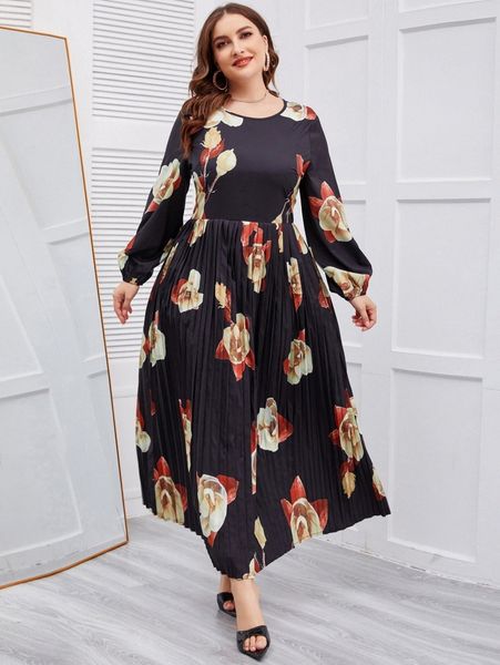 

plus floral print lantern sleeve pleated hem dress v2ne#, Black