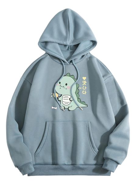 

cartoon and korean letter graphic drawstring thermal lined hoodie q9em#, Black