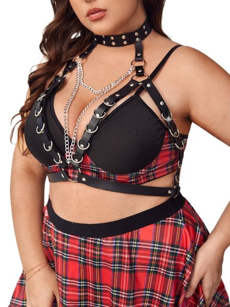 

plus chain studded detail harness bra without liner q0br#, Black;white