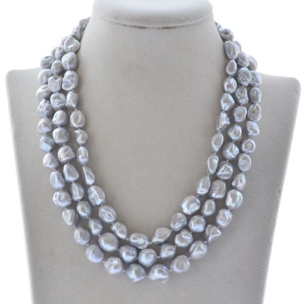 

new 3row 18&quot 11mm gray baroque keshi reborn pearl necklace artificial gemstone jewelry, Silver