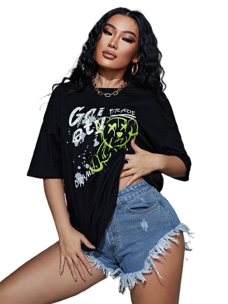 

sxy cartoon & letter graphic drop shoulder tee a1rm#, White