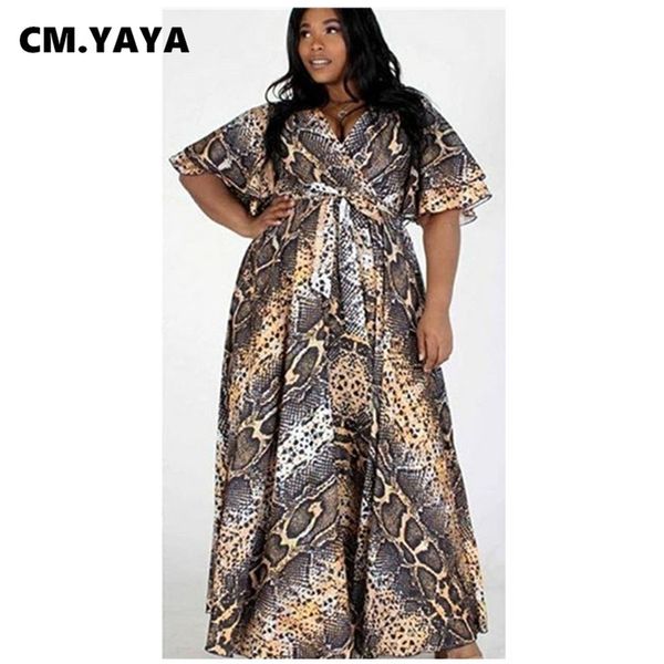 

cm.yaya serpentine print women's plus size maxi dress with sashes batwing sleeve v-neck party vintage floor length long dresses 220516, Black;gray