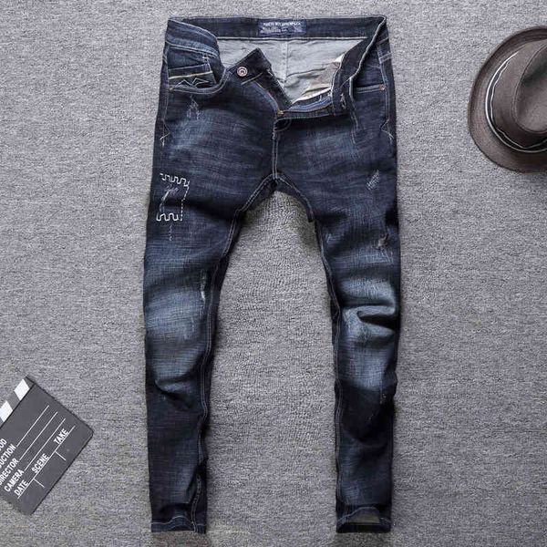 

men's jeans fashion trend men's blue black washed frayed slim fit small straight tube denim pants fashion qdt3